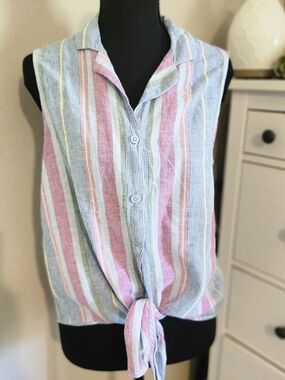 Sleeveless Tie-Front Striped Button-Up Top - Pastel Multi